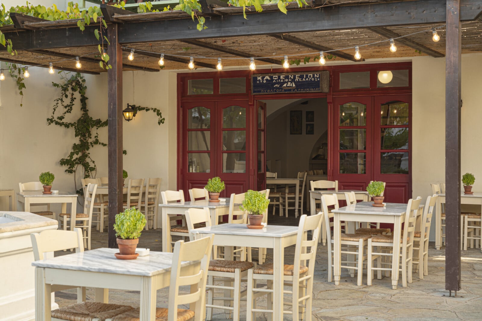The quaint Greek Kafeneion at Doryssa Seaside part of our luxury hotels in Samos