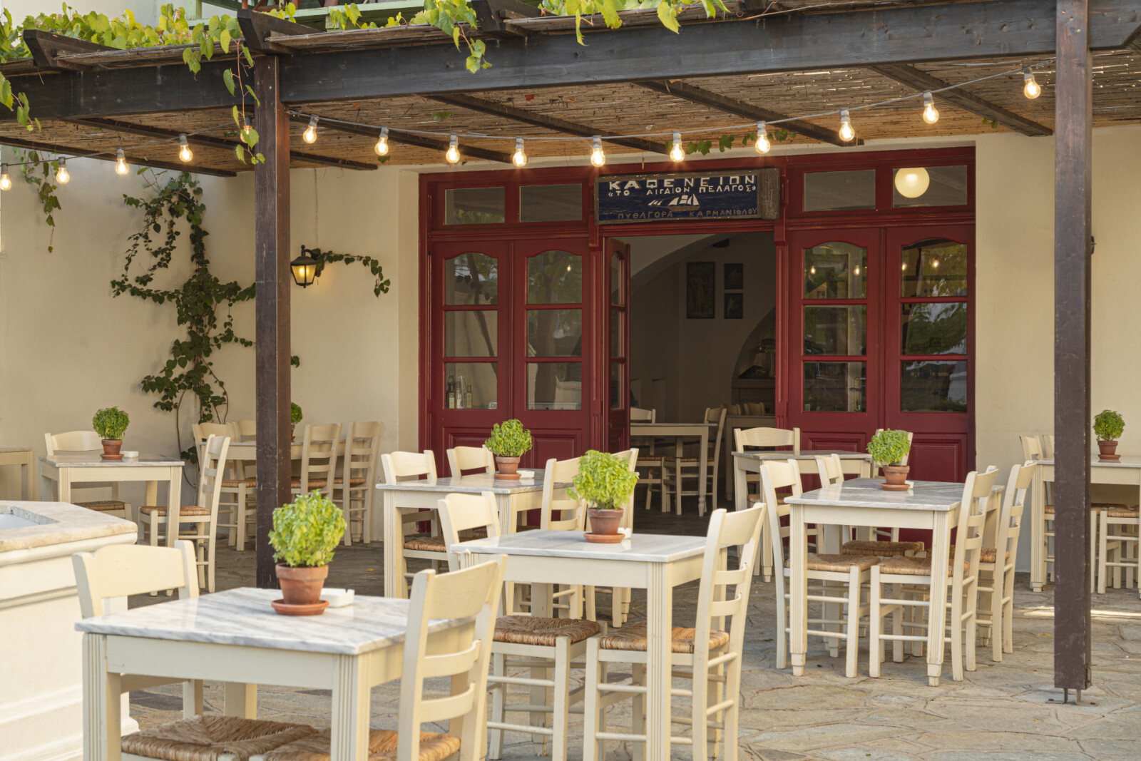 The quaint Greek Kafeneion at Doryssa Seaside part of our luxury hotels in Samos