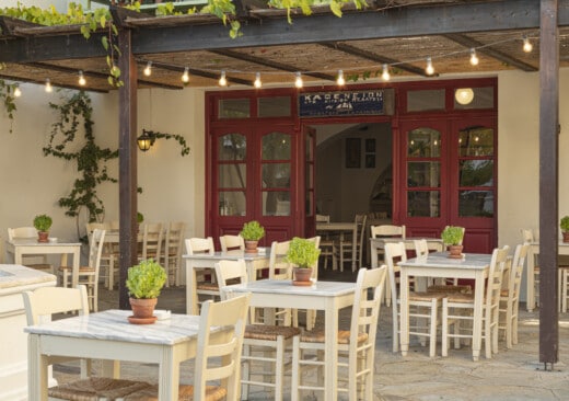 The quaint Greek Kafeneion at Doryssa Seaside part of our luxury hotels in Samos