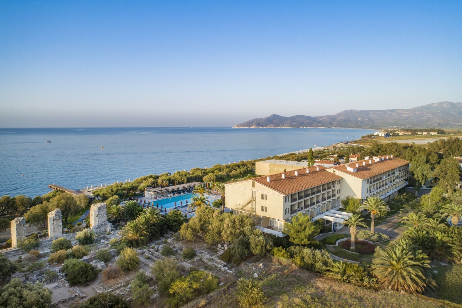 Aerial photo of Doryssa Seaside, a luxury beachfront resort in pythagoreio samos