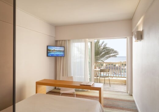An in-room view of Doryssa Seaside's seaview suites in Samos
