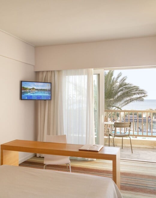 An in-room view of Doryssa Seaside's seaview suites in Samos
